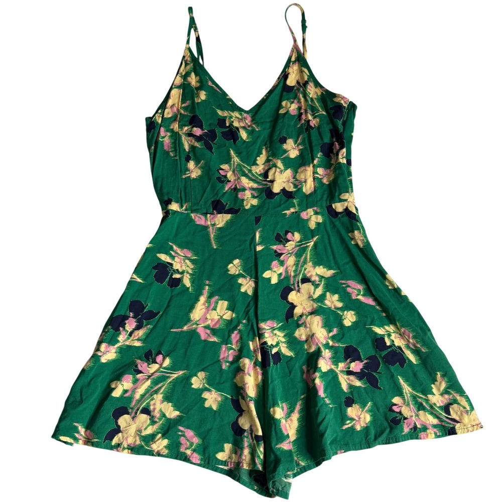 Uniqlo Printed Green Floral V-Neck Camisole Romper Womens Small Sleeveless